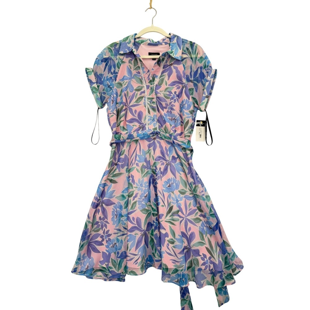 Tahari ASL Floral Shirt Dress Women Size 8 NEW Pink Blue Short Sleeve MSRP $159